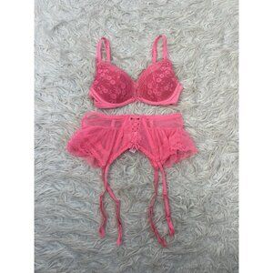 Victorias Secret Hot Pink Unlined Demi Underwire Push Up Bra 32B & Garter XS/S